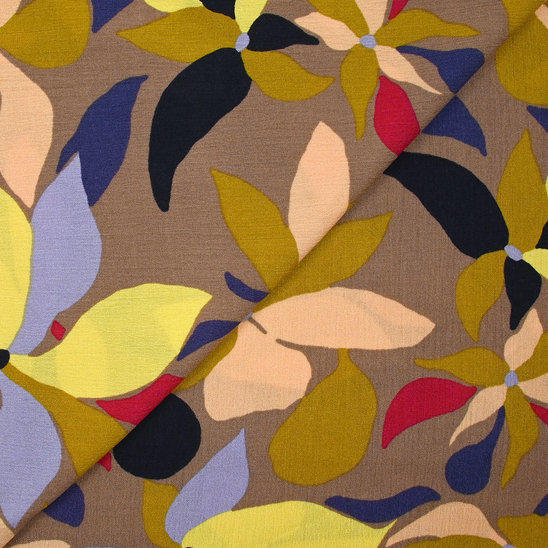 Crépon de viscose imprimé palette florale fond marron