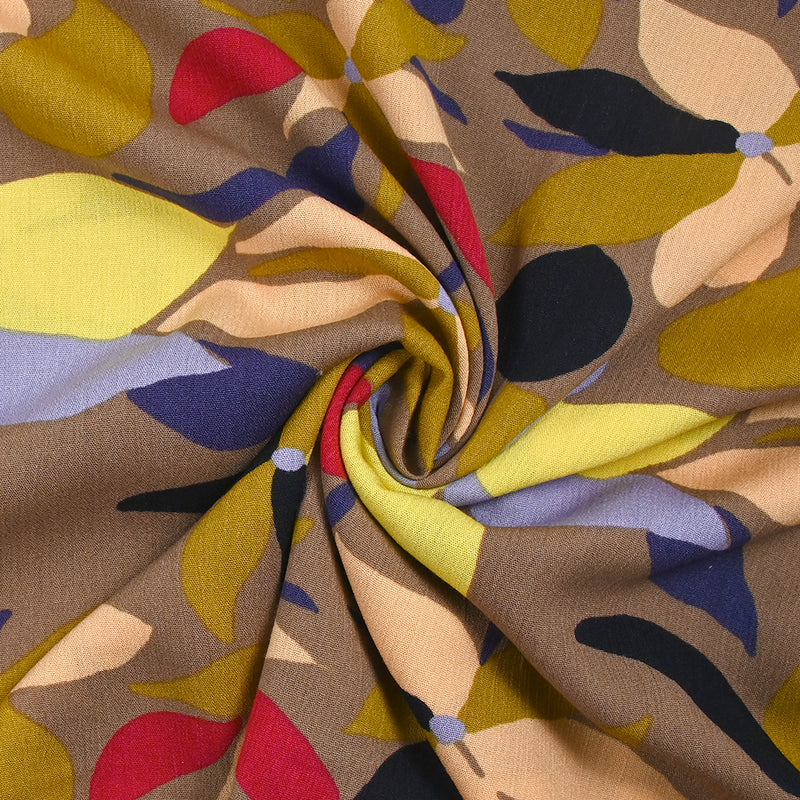 Crépon de viscose imprimé palette florale fond marron