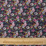 Mousseline crinkle imprimée lurex prairie fleurie magenta fond noir