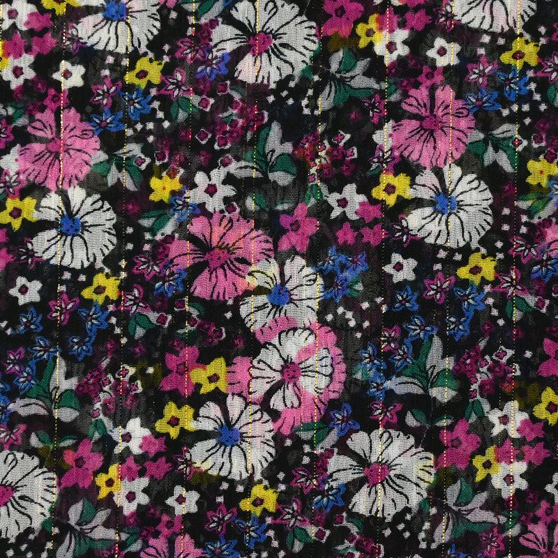 Mousseline crinkle imprimée lurex prairie fleurie magenta fond noir