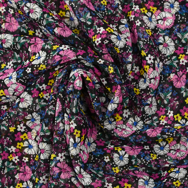 Mousseline crinkle imprimée lurex prairie fleurie magenta fond noir