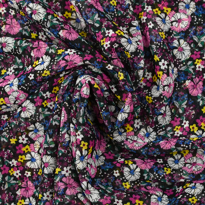 Mousseline crinkle imprimée lurex prairie fleurie magenta fond noir