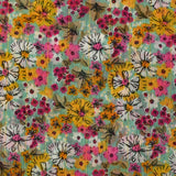 Mousseline crinkle imprimée lurex prairie fleurie rose fond vert d'eau