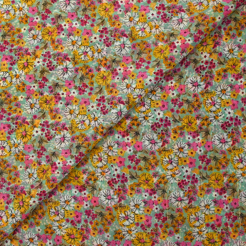 Mousseline crinkle imprimée lurex prairie fleurie rose fond vert d'eau