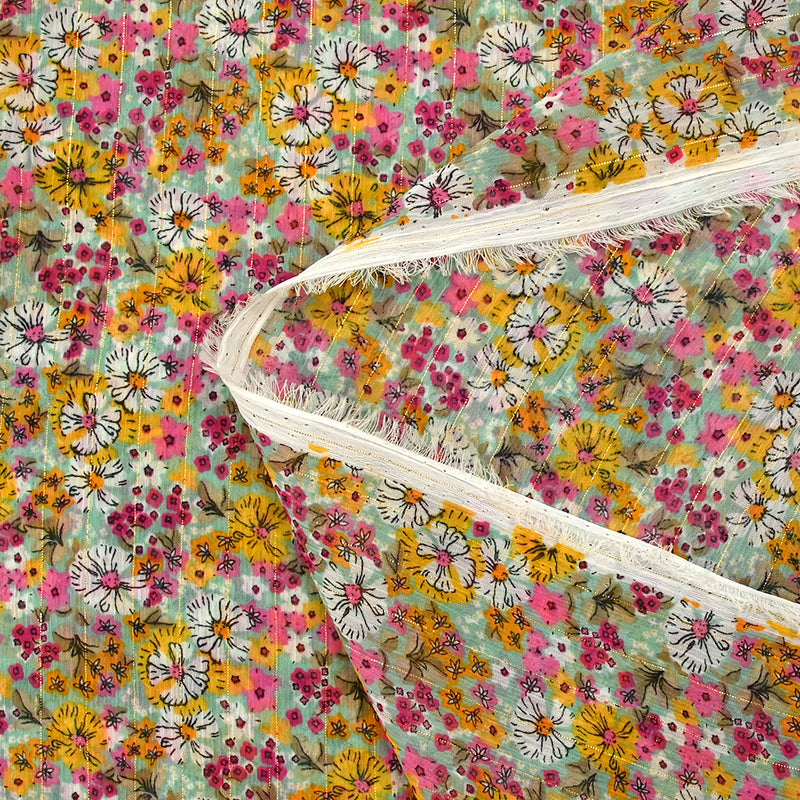 Mousseline crinkle imprimée lurex prairie fleurie rose fond vert d'eau