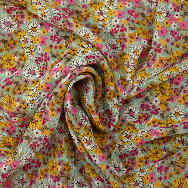 Mousseline crinkle imprimée lurex prairie fleurie rose fond vert d'eau