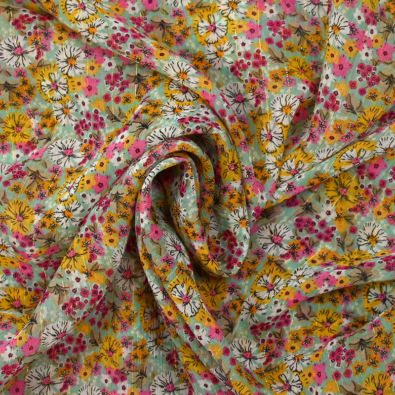 Mousseline crinkle imprimée lurex prairie fleurie rose fond vert d'eau