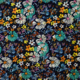 Mousseline crinkle imprimée lurex prairie fleurie turquoise fond marine