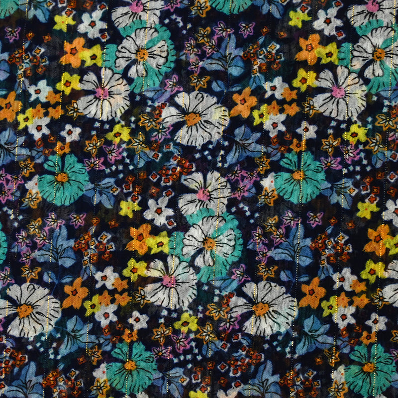 Mousseline crinkle imprimée lurex prairie fleurie turquoise fond marine