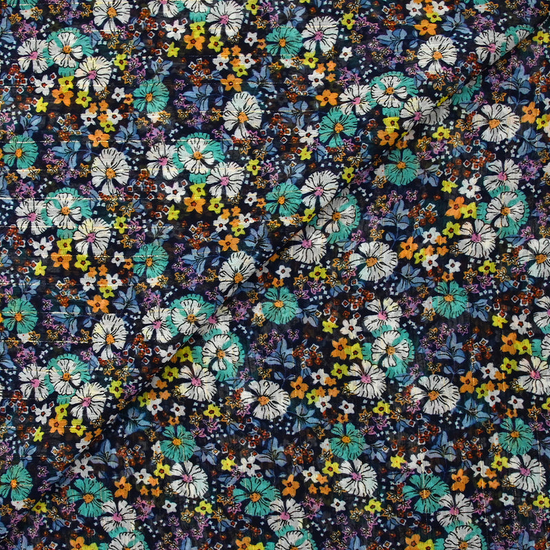 Mousseline crinkle imprimée lurex prairie fleurie turquoise fond marine