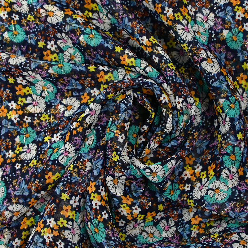 Mousseline crinkle imprimée lurex prairie fleurie turquoise fond marine