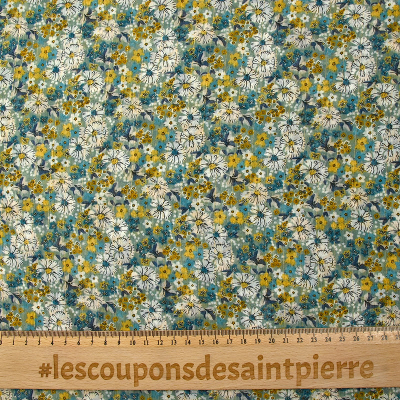 Mousseline crinkle imprimée lurex prairie fleurie canard fond sauge