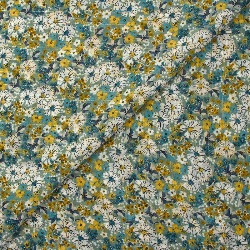 Mousseline crinkle imprimée lurex prairie fleurie canard fond sauge