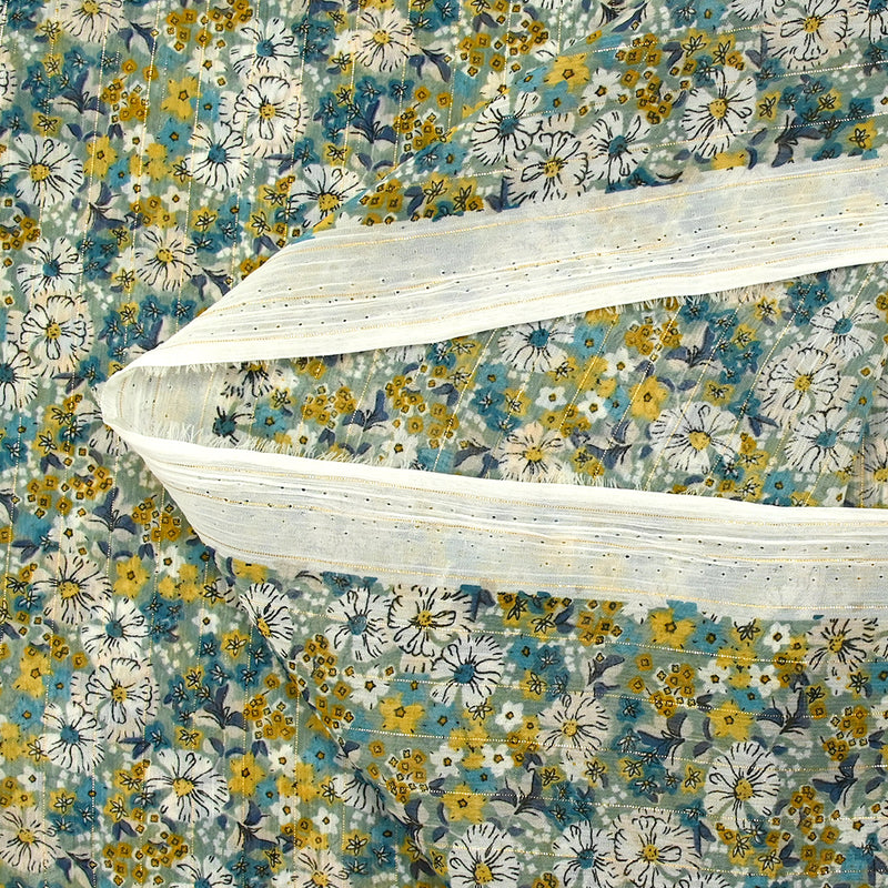 Mousseline crinkle imprimée lurex prairie fleurie canard fond sauge