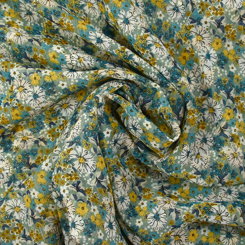 Mousseline crinkle imprimée lurex prairie fleurie canard fond sauge