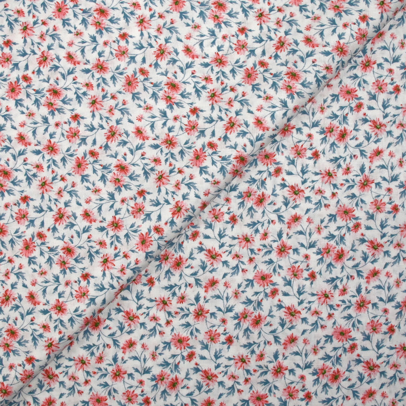 Tissu Coton Popeline - Imprimé Fleurs Indigo Sur Fond Blanc - Largeur 1.45m - Vente Au Mètre (jusqu'à 20m) - 100% Coton Oeko-Tex