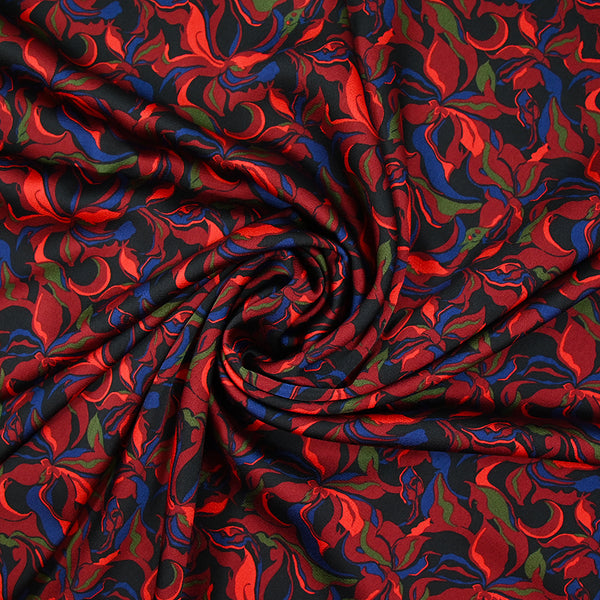 Crêpe satiné de polyester Amaryllis bordeaux et bleu marine fond noir