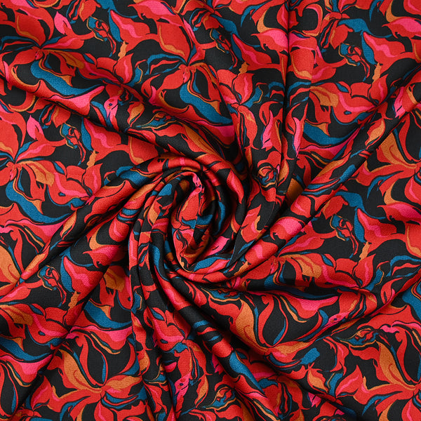 Crêpe satiné de polyester Amaryllis rouge et bleu canard fond noir