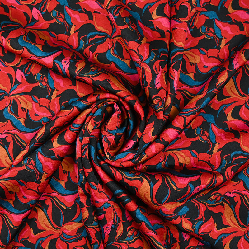 Crêpe satiné de polyester Amaryllis rouge et bleu canard fond noir