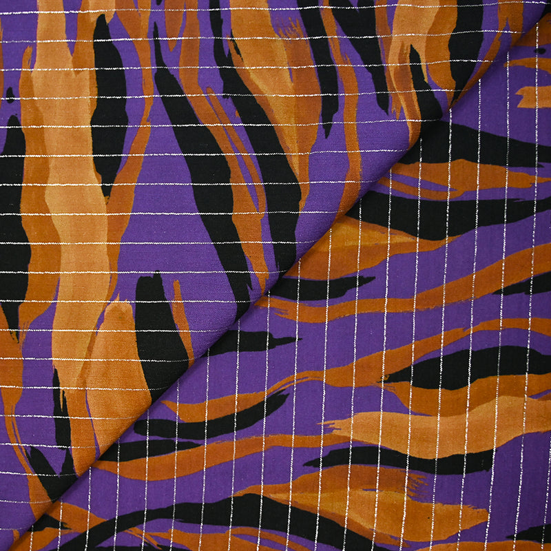 Viscose imprimée rayé lurex argent flamme marron fond violet