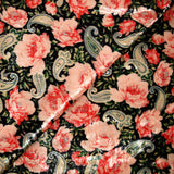 Velours de polyester Lurex imprimé rose et cachemire fond noir