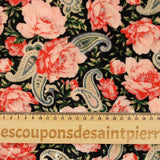 Velours de polyester Lurex imprimé rose et cachemire fond noir