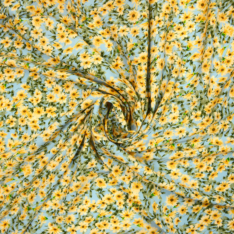 Viscose imprimée fleurs jaunes fond bleu