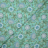 Cotton poplin digitally printed floral bohemian blue sea green background