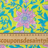 Coton indien imprimé Parvati turquoise et rose fond jaune