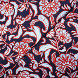 Jacquard de viscose satinée imprimée fleurs rouge et bleu ciel fond bleu