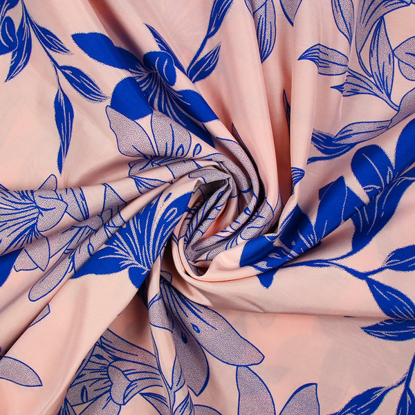 Polyviscose imprimée fleurs bicolore bleu roi fond rose pastel