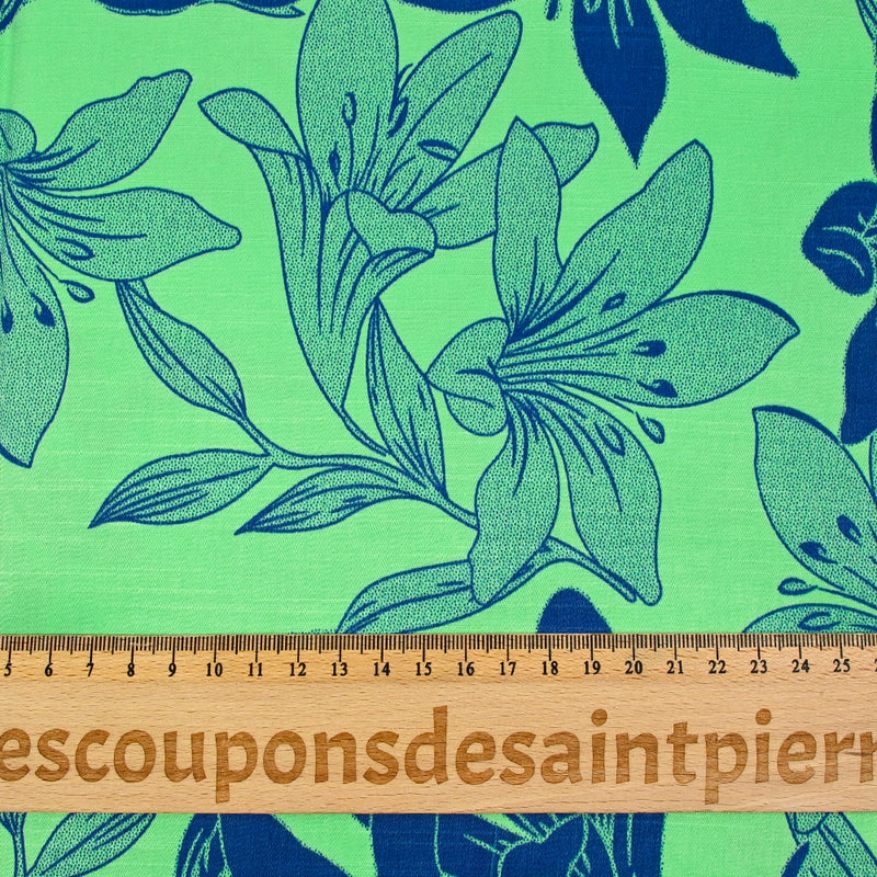 Satin polyviscose doupionné imprimé fleurs bicolore bleu fond vert