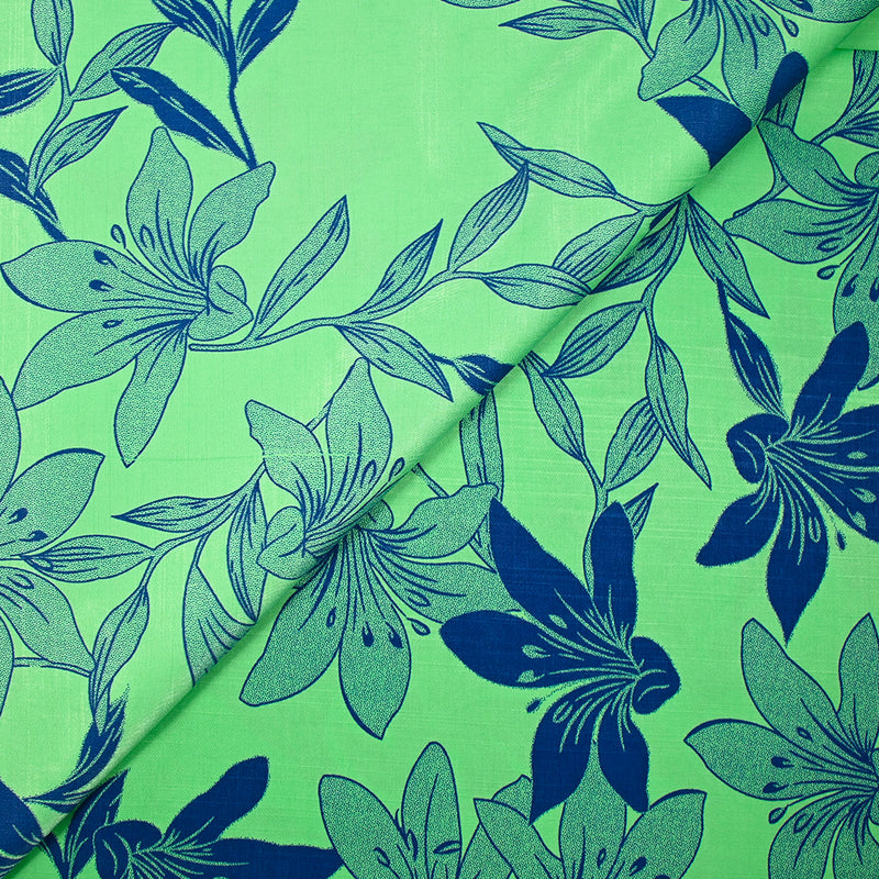 Satin polyviscose doupionné imprimé fleurs bicolore bleu fond vert