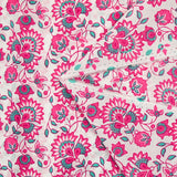Coton indien imprimé Sandhya turquoise et rose fond blanc