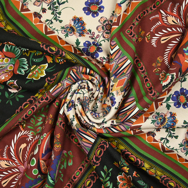 Sergé de viscose imprimé foulard folklorique marron beige et noir