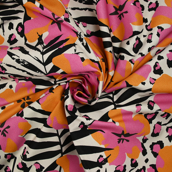 Gabardine de coton imprimé hibiscus orange et rose tropical fond écru