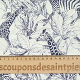 Viscose imprimée savane zèbre et girafe bleu marine fond blanc