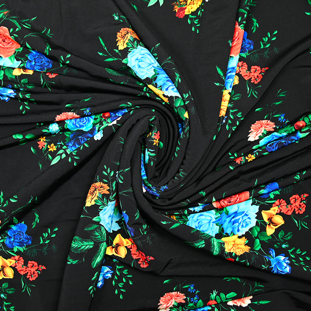 Satin viscose knit bouquet of flowers black background – Les Coupons de ...