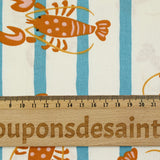 Coton imprimé homard et rayure bleue fond écru