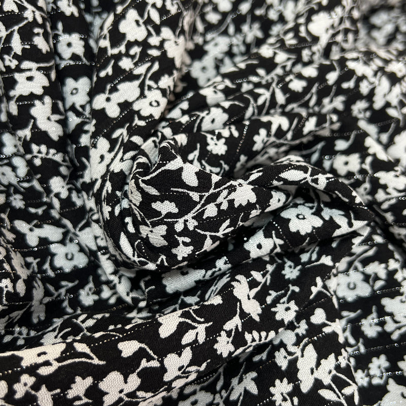 Crépon viscose rayé lurex argent fleurs fond noir