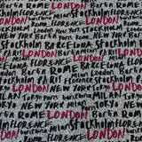 Lainage bouclette imprimé London graffiti fond gris chiné
