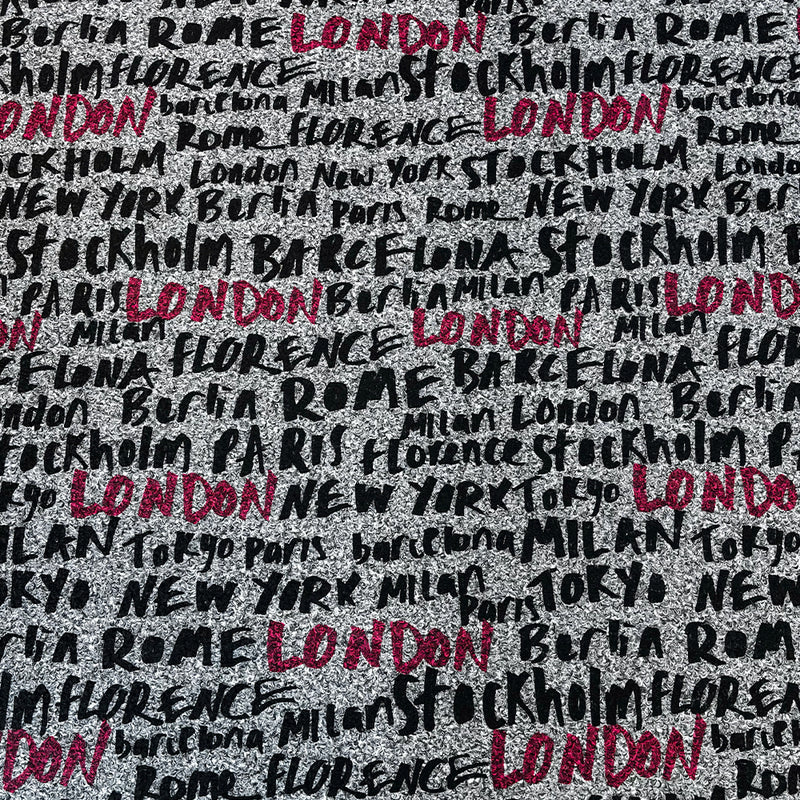 Lainage bouclette imprimé London graffiti fond gris chiné