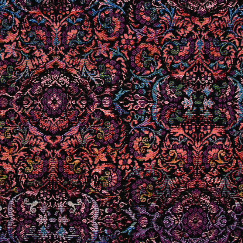 Jacquard polycoton baroque violet et corail fond noir