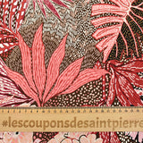 Jersey de polyester floqué et imprimé feuillage rose fond marron