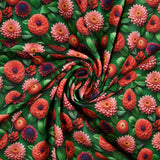 Coton imprimé fleurs trompe l'oeil fond vert
