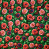 Coton imprimé fleurs trompe l'oeil fond vert