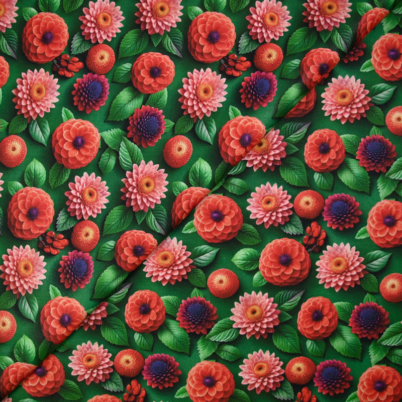 Coton imprimé fleurs trompe l'oeil fond vert