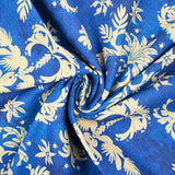 Lin viscose imprimée palmier baroque beige fond bleu