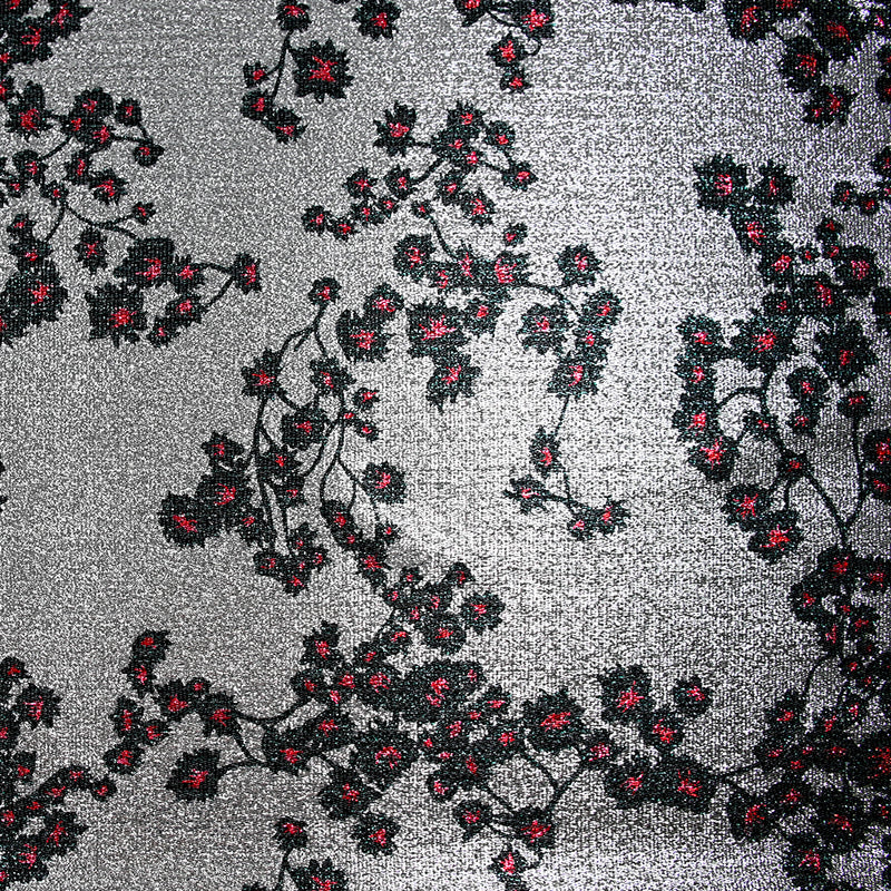 Lamé Silver Jersey Printed Red and Black Sakura Flower