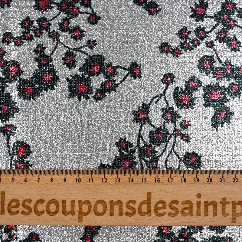Lamé Silver Jersey Printed Red and Black Sakura Flower